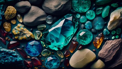 A background of gemstones of different colors and sizes. Generative AI