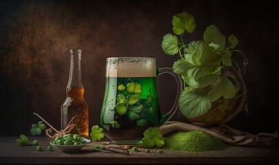 St Patrick's Day - Green Beer In Glass With Bottle And Clovers On Wooden Table with green background. Generative AI