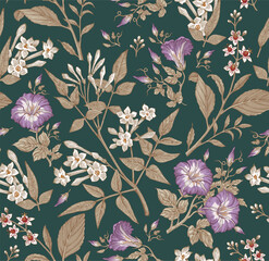 Seamless pattern. Beautiful fabric blooming realistic isolated flowers. Vintage background. Set Jasmine Petunia Croton wildflowers. Wallpaper baroque. Drawing engraving. Vector victorian illustration © Наталья Лобенко