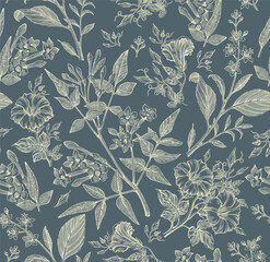 Seamless pattern. Beautiful fabric blooming realistic isolated flowers. Vintage background. Set Jasmine Petunia Croton wildflowers. Wallpaper baroque. Drawing engraving. Vector victorian illustration © Наталья Лобенко