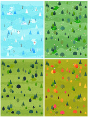 Set of four season landscape vector illustration. Winter, spring, summer, autumn flat style trees and firs with village cottage houses and mountains. Nature scene poster or card.