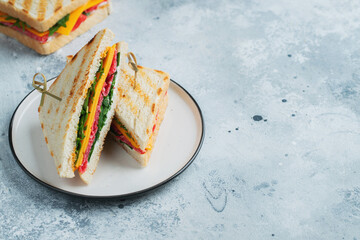 Two homemade sandwiches with sausage, cheese and arugula on a light concrete background