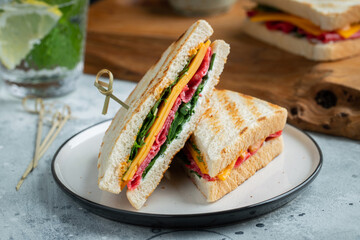 Two homemade sandwiches with sausage, cheese and arugula on a light concrete background