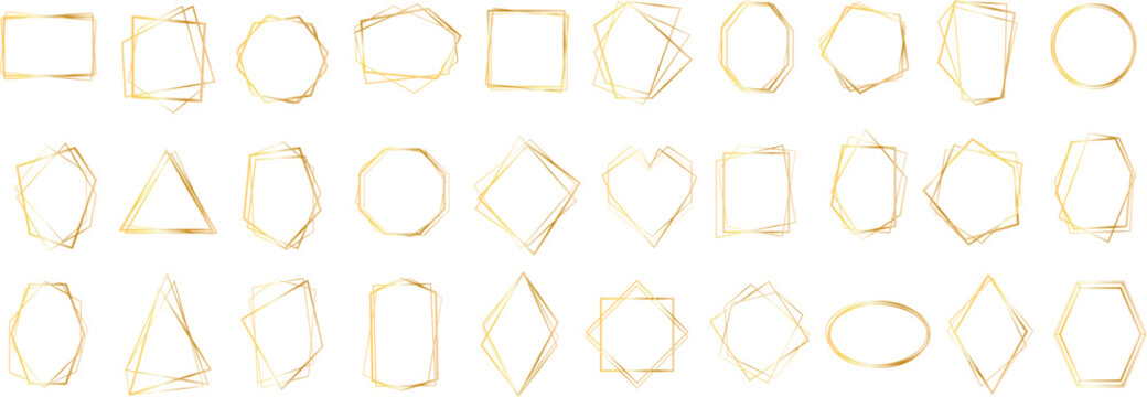 Set of geometric gold frame isolated on white.Golden Geometrical frames.Simple abstract golden frames.Set of luxury gold frames collection.Luxury gold borders for wedding invitation elements.