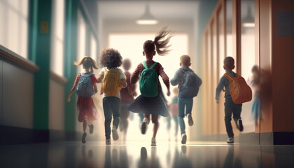 Fototapeta premium A group of schoolchildren with backpacks runs to school. Generative AI