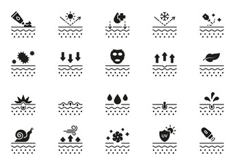 Skin Care Silhouette Icon Set. Skincare Cosmetic, Acne Medical Problem Glyph Pictogram. Dermatology and Cosmetology Treatment Icon. Isolated Vector Illustration