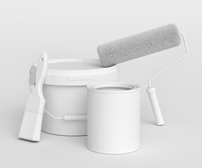 Set of metal and plastic buckets, paint roller and brush on monochrome