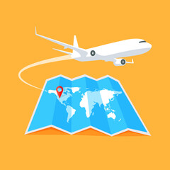 Flying plane above world travel map. Location and pinpoint on a global maps. International transportation. Vector illustration.