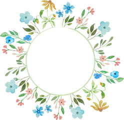 Watercolor floral frame round with colorful painted flowers and leaves. Hand drawn illustration. Design for invitation, wedding or greeting cards. Vector EPS.