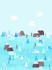 landscape vector illustrationWinter landscape vector illustration. Flat style trees and firs with village cottage houses and mountains. Nature scene poster or card.