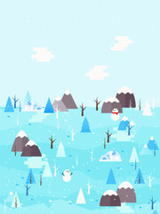 landscape vector illustrationWinter landscape vector illustration. Flat style trees and firs with village cottage houses and mountains. Nature scene poster or card.