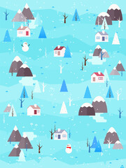landscape vector illustrationWinter landscape vector illustration. Flat style trees and firs with village cottage houses and mountains. Nature scene poster or card.