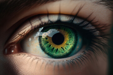 Fototapeta na wymiar extreme close up of a beautiful green eye, woman , ai art illustration 