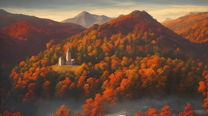 Nice landscape with a church on the hills covered with autumn forest, generative AI	