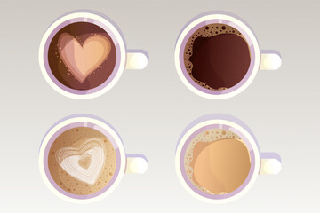 Set Coffee cup, beverage with caffeine, cappuccino in mug top view collection in cartoon style isolated on white background. 