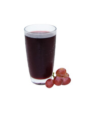 Glass of grape juice in tall glass. grapes put on side. It has dark purple color, sweet, sour taste, Contains vitamin (flavonoids) which have antioxidant properties. Isolated on cutout PNG.