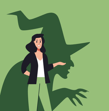 Businesswoman who feigns kindness but hides her predatory intentions. Portrait of a woman who reaches out but turns out to be a witch. Wickedness, malevolence, insincerity, double face, false