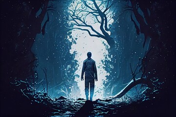 A lonely man in dark forest. Horror. Generative AI
