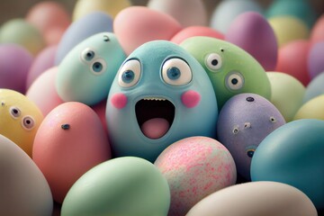 Pastel colored easter eggs with a drawn happy face, big eyes. Concept of Happy Easter. Generative AI
