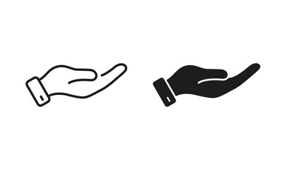 Hand Poor Person Silhouette and Line Icon Set. Poverty People Hold Palm Ask Beg Help Pictogram. Homeless Human Give Helpful Charity Money Sign. Editable Stroke. Isolated Vector Illustration