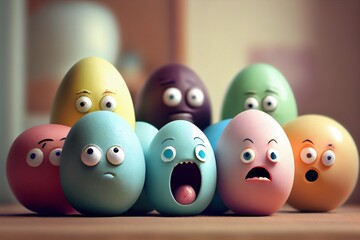 Pastel colored easter eggs with a drawn happy face, big eyes. Generative AI