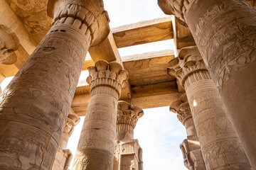 Temple of Kom Ombo. Pillars Decorated with Hieroglyphics. Kom Ombo in Aswan Governorate, Upper...