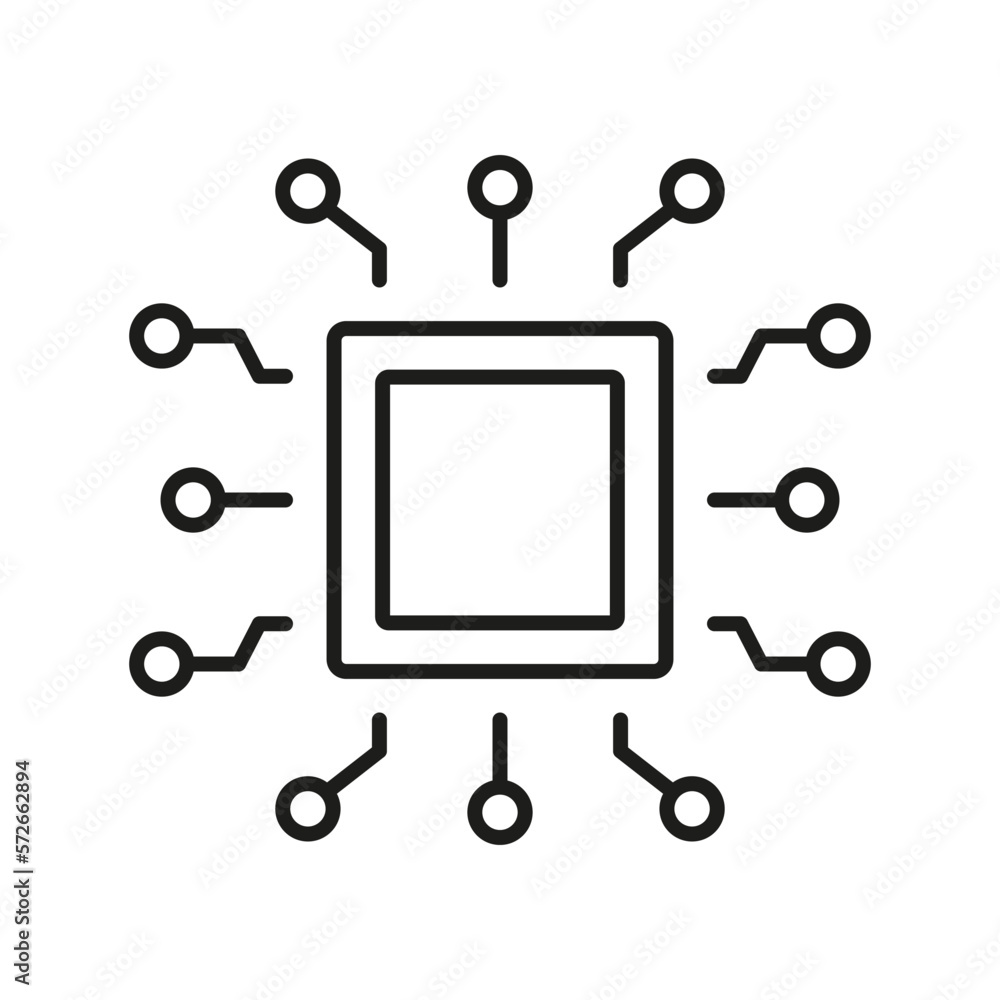 Poster micro chip digital technology line icon. cpu linear pictogram. electronic circuit, central processin
