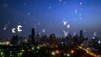 Business data analytic interface fly over smart city showing alteration future of business intelligence. Computer software and artificial intelligence are used to analyze big data for strategic plan .