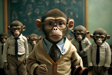 A monkey dressed as a teacher stands in front of a classroom, concept of Humor and Disguise, created with Generative AI technology
