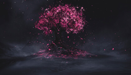 Fantasy night landscape, big blossoming sakura tree with magic bright pink neon petals. © MiaStendal