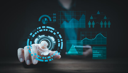 .Digital transformation technology strategy, IoT, internet of things. Businessman pressing AI button on hologram virtual screen. Computer interface futuristic cyberspace, touching, click on network..