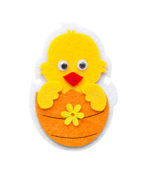 felt chicken hatched from an Easter egg. High quality photo