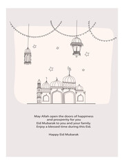 Ramadan Kareem greeting card with mosque sketch and lantern,  light hand drawn vector illustration.
