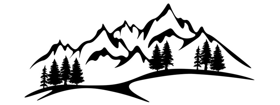 Black silhouette of mountains and fir trees landscape panorama illustration icon vector for logo, isolated on white background