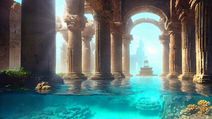 fantasy illustration of ancient Atlantis city with huge stone pillars partially submerged in blue ocean water with glowing sun rays, generative AI
