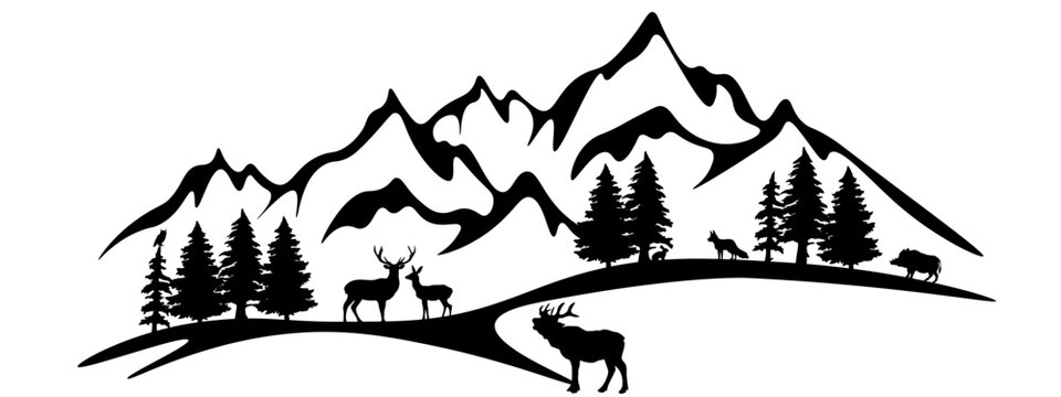 Black silhouette of wild animals mountains and forest fir trees camping landscape panorama illustration icon vector for logo, isolated on white background