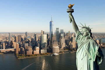 statue of liberty, New York panorama of Manhattan