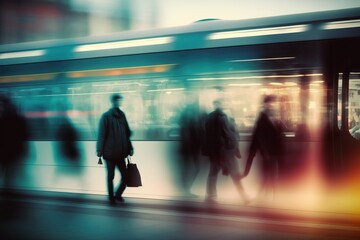 Blurred movement of passengers in a metro station. Generative AI