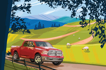 painted village landscape with a red truck