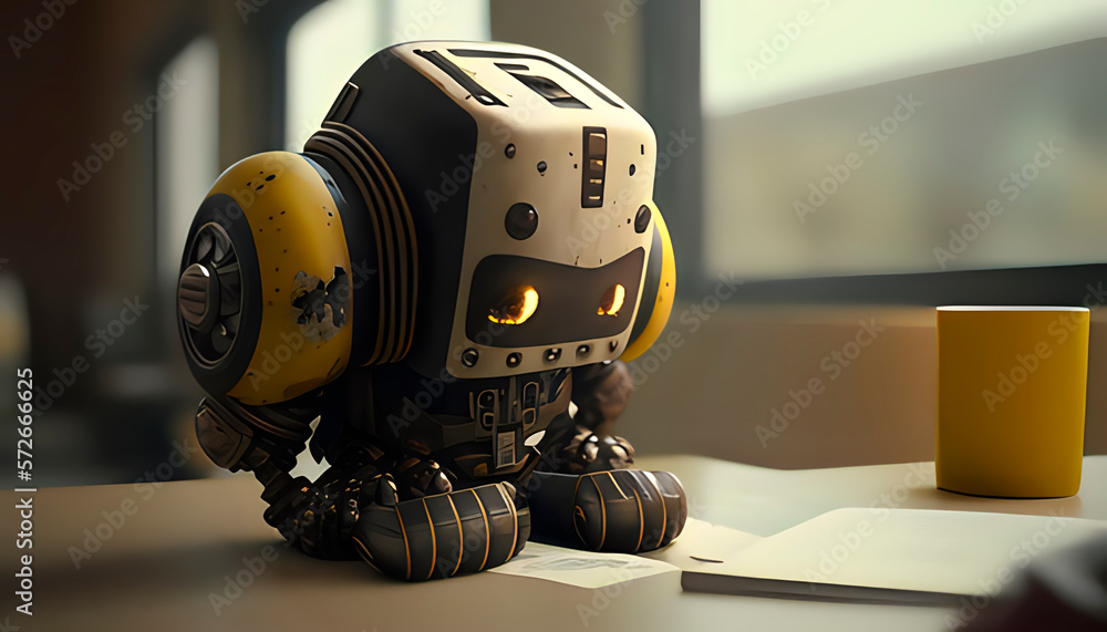 Poster a pensive robot, a robot sadly looks down, a robot is disappointed in its existence, the robot has a