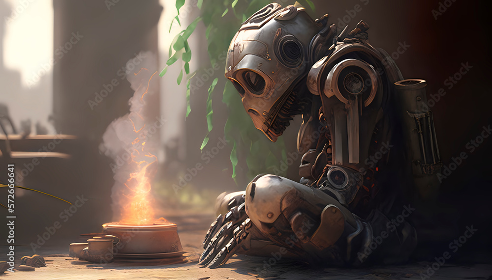 Poster a pensive robot, a robot sadly looks down, a robot is disappointed in its existence, the robot has a