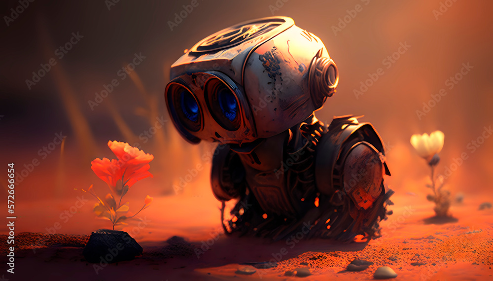 Poster a pensive robot, a robot sadly looks down, a robot is disappointed in its existence, the robot has a