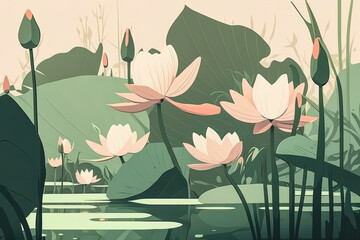 Lotus in a pond during spring season in pastel color style. Close up on lotus. Digital illustration generative AI.