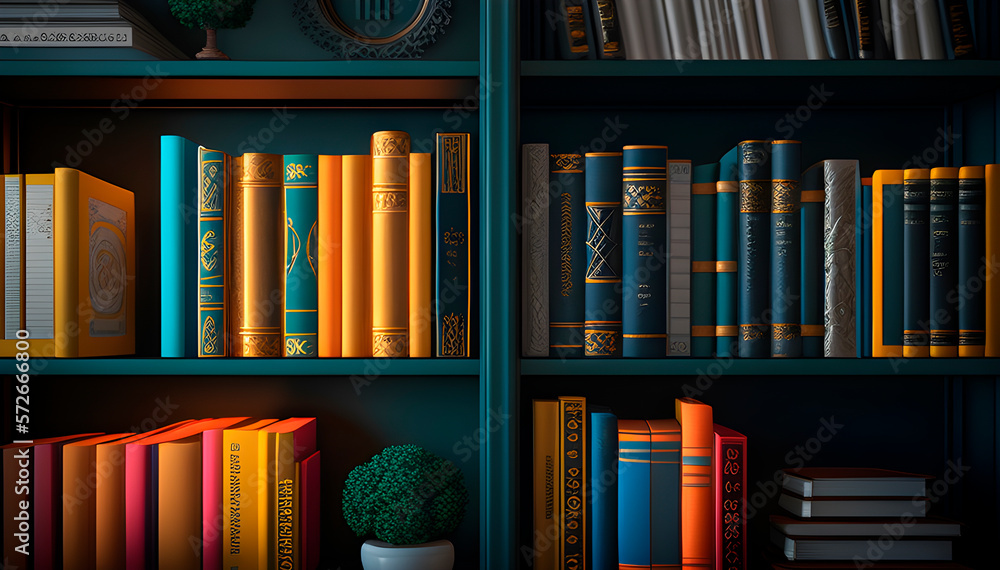 Poster a bookshelf lined with books, books with colorful bindings on bookshelves in a hand-drawn style. gen