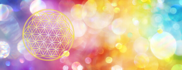 Banner mit dem Symbol einer golden schimmernden Blume des Lebens in einem kraftvollen Feld abstrakten Lichts, das in den Farben des Regenbogens leuchtet