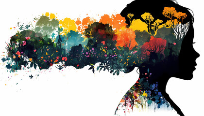 conceptual image of a female silhouette, of a woman with several flowers coming out of the silhouette. international women's day, mother's day, generative ai