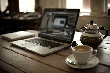 An open laptop and a cup of coffee on the table. Working atmosphere, home comfort, working.