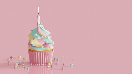Birthday cupcake decorated colorful sprinkles. 3D render