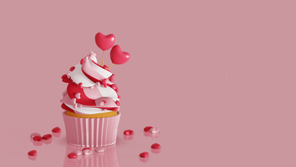 Cupcake with heart shape candy and sugar sprinkles. 3d render