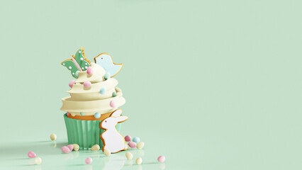Easter cupcake decorated gingerbread cookies and egg candies. 3D render